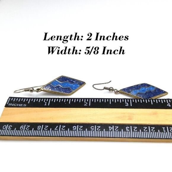 Vintage Alpaca Mexico Inlay Earrings Blue Turquoise Silver Diamond Shape Dangle - Picture 7 of 9